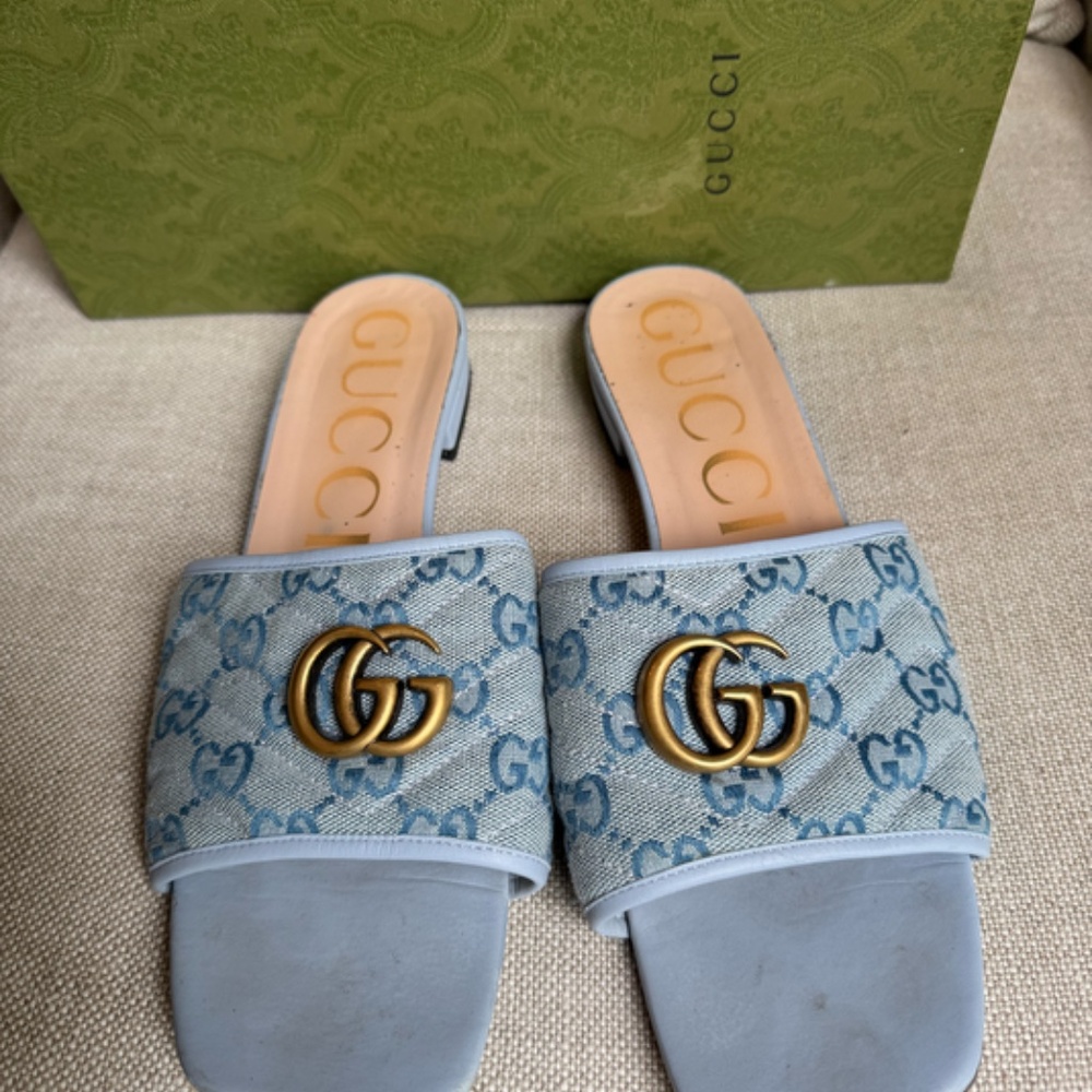 Gucci Jolie Size 41 Slides 11 Women's Sandals Logo Leather Canvas Shoes Marmont
